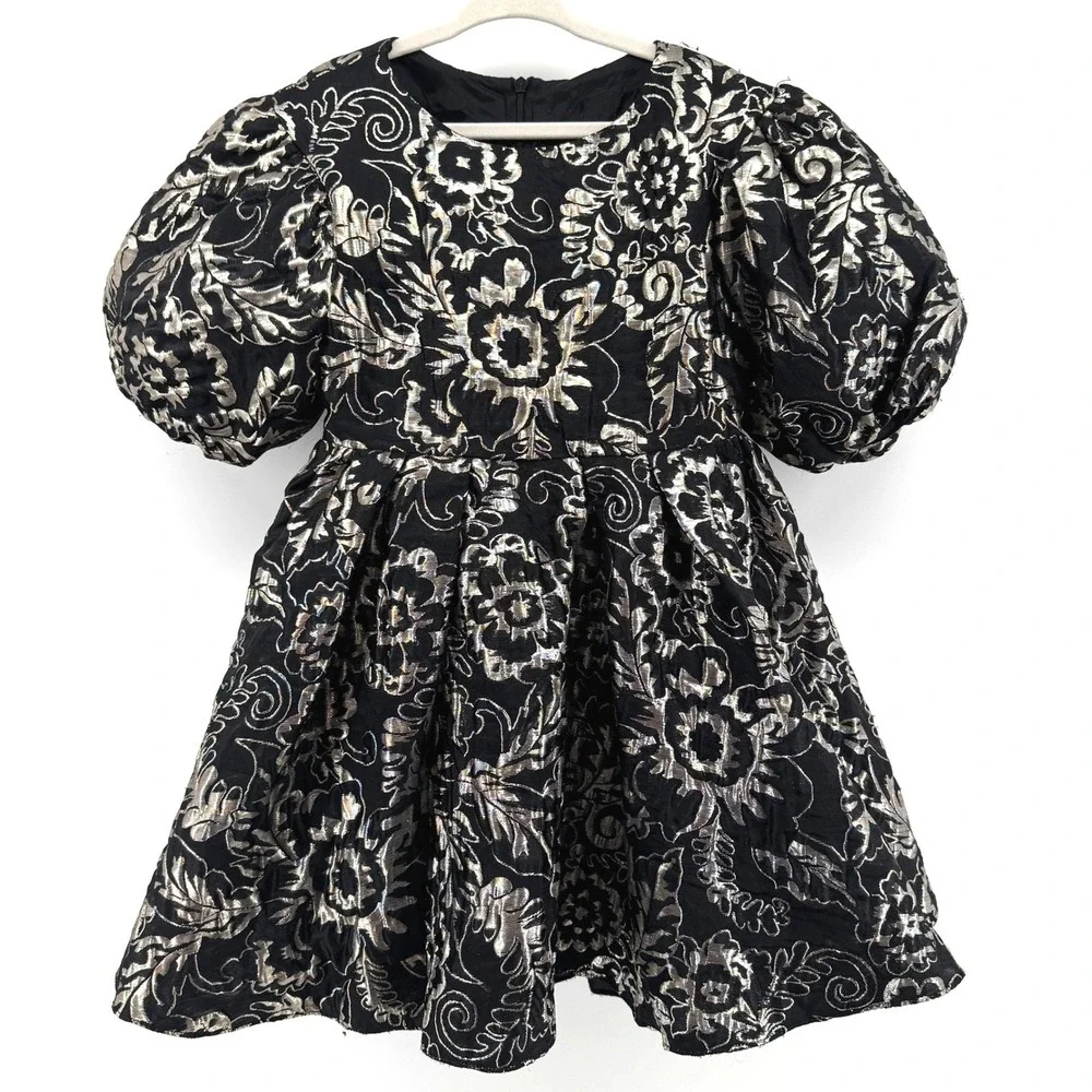 Girls Size 6 Dress Black Gold Silver Brocade Floral Puff Sleeve Holiday Party
